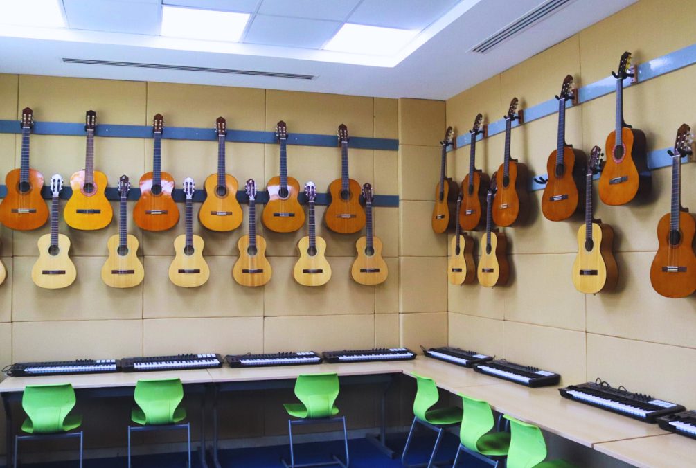 Music room with guitars and keyboards
