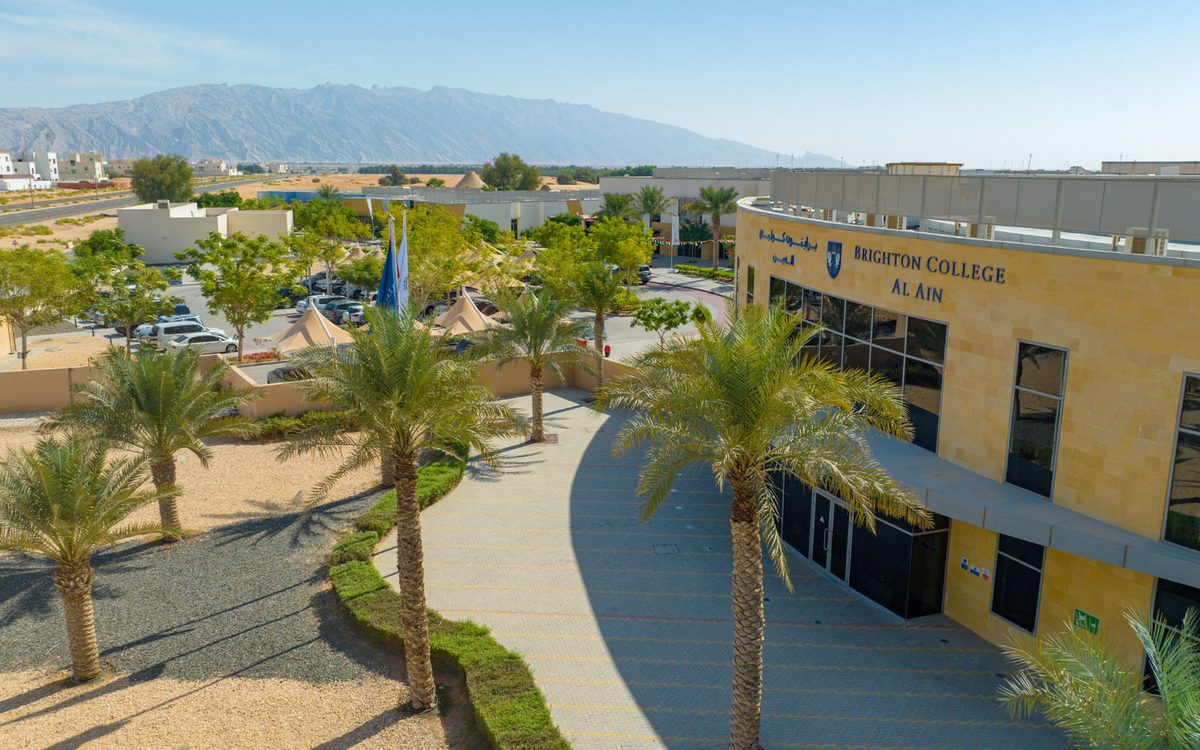 Main building of Brighton College Al Ain with Jebel Hafeet behind