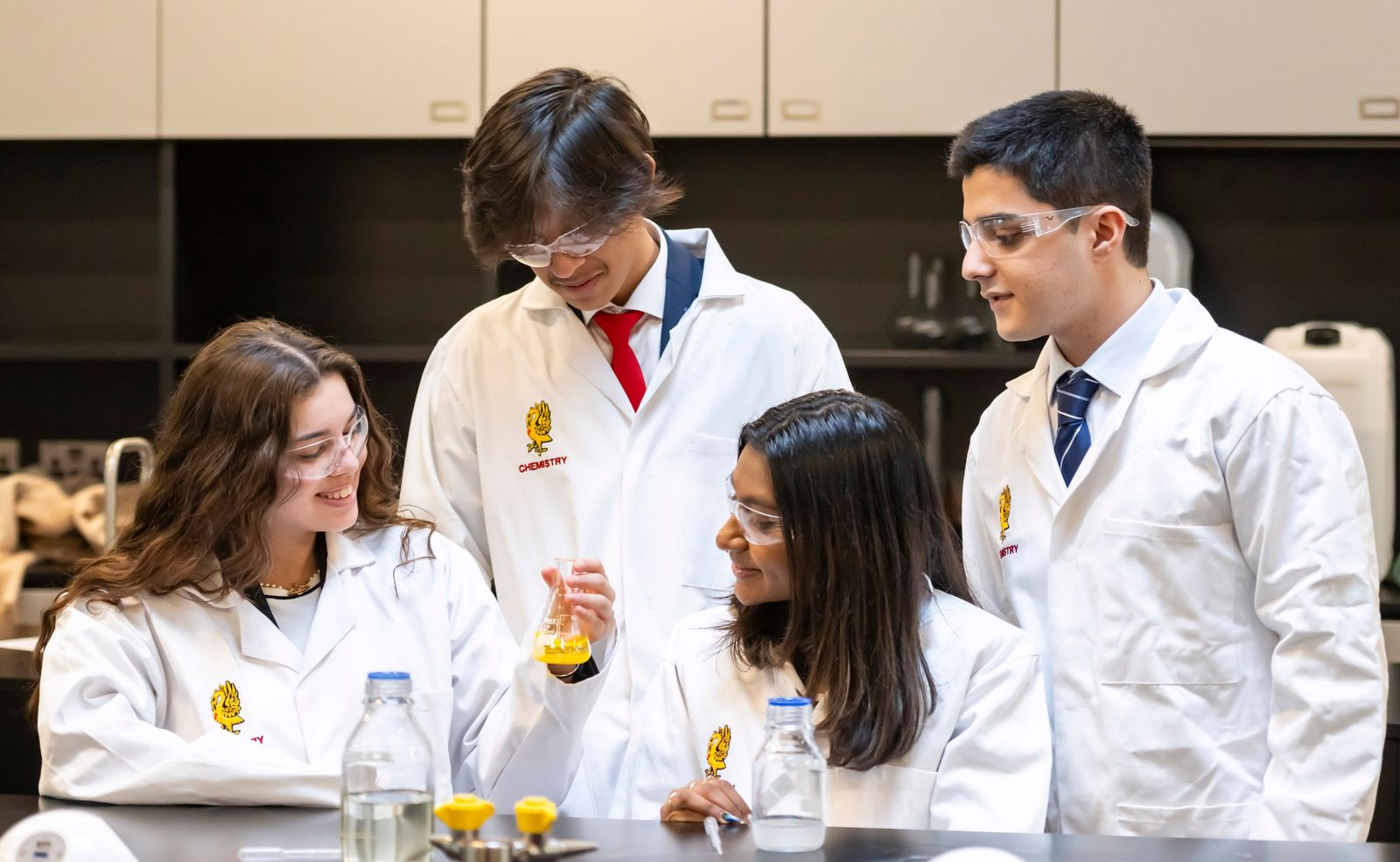 Sixth Form chemistry practical in a science laboratory