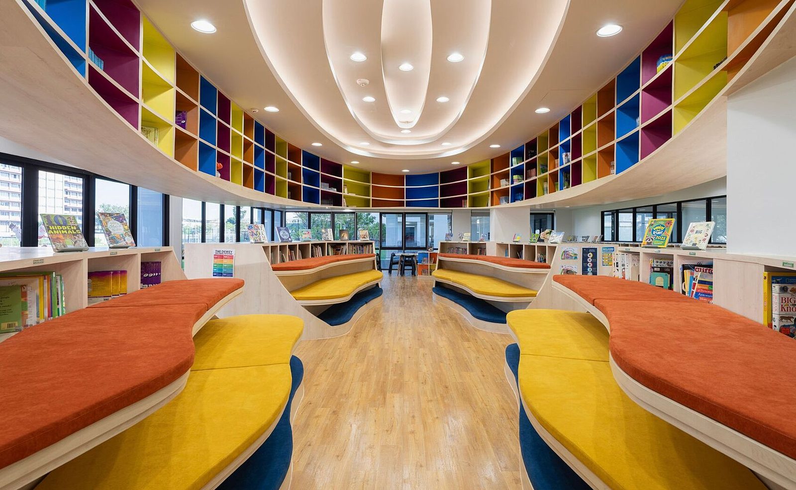 Prep School library with colourful reading benches