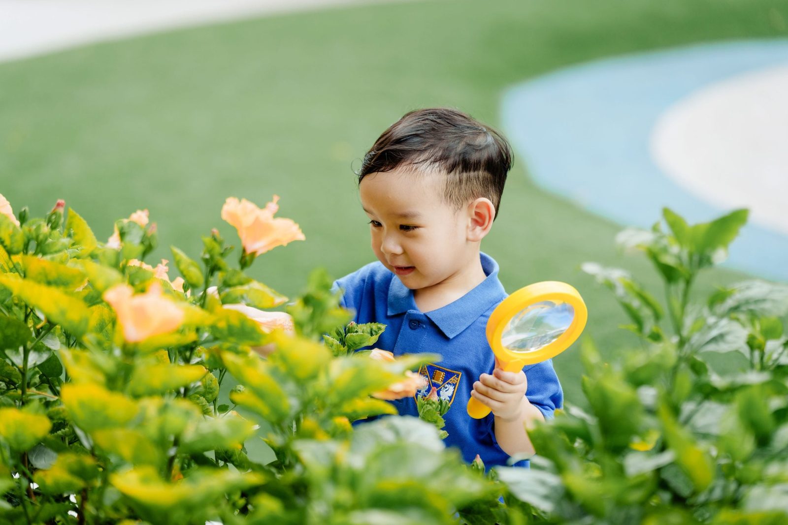 Nursery pupil exploring the garden with a magnifying glass